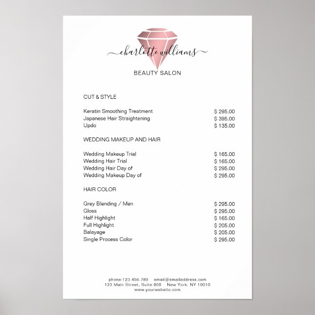 Poster Lista de Preços de Diamantes em Rosegold Moderno  (Frente)