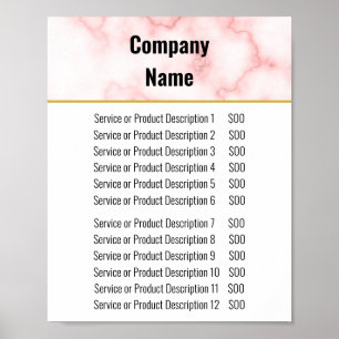 Poster Lista de Preços de Mármore Rosa Falso Elegante