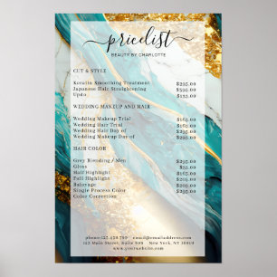Poster Lista de Preços de Salão de Mármore Dourado Verde 