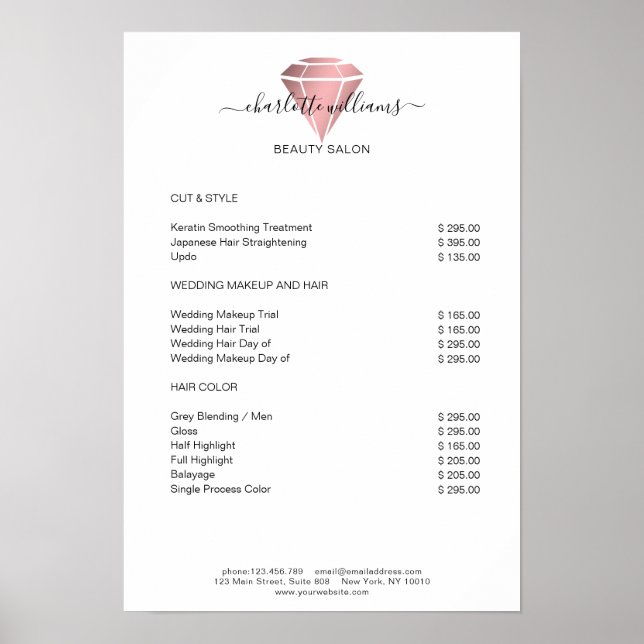 Poster Lista de Preços do Diamond Modern Rosegold (Frente)
