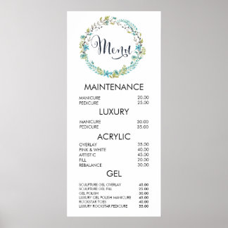 Poster Lista de Preços do Menu do Salão de Guirlanda de F