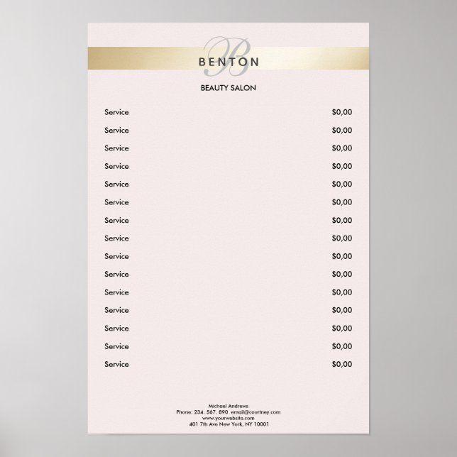 Poster Lista de Preços Elegant Monogramm Rose Gold Stripe (Frente)