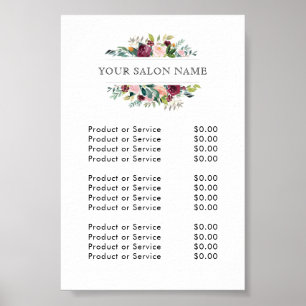 Poster Lista de Preços Floral Aquarela Burgundy e Rosa