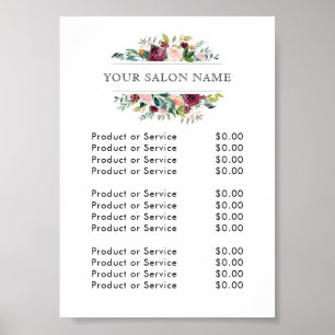 Poster Lista de Preços Floral Aquarela Burgundy e Rosa