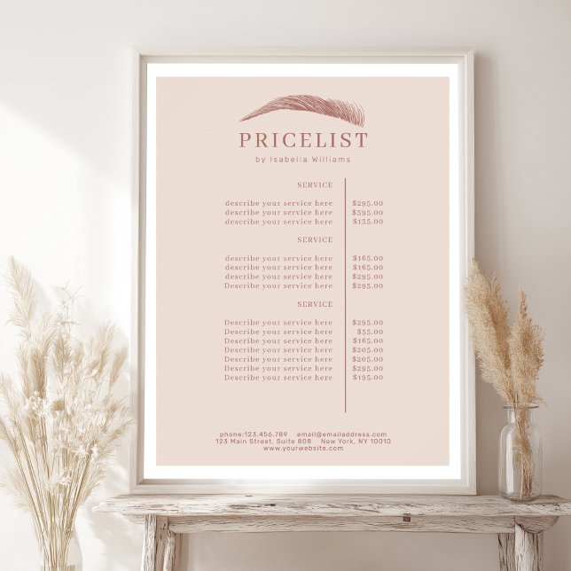 Poster Lista de Preços Minimalista Salão de Sobrancelhas  (Minimal Elegant Eyebrow Salon Pricelist Poster)