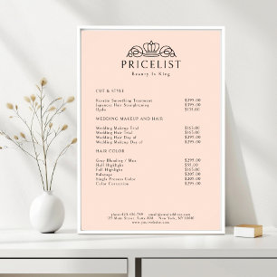 Poster Lista de Preços Salão Elegant Crown Logo Peach
