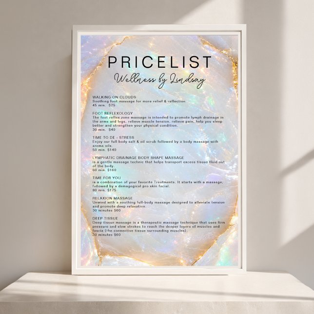 Poster Lista de Preços Salão Opal Holographic Marble (Opal Holographic Marble Salon Price List Poster)