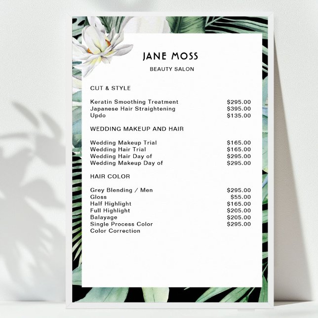 Poster Lista de Preços Tropical Aguarela Modern Salon     (Modern Salon Watercolor Tropical Price List Poster)