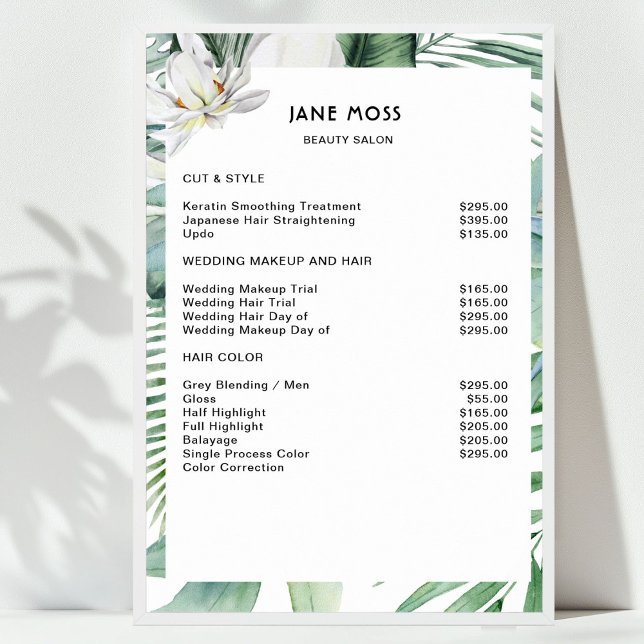 Poster Lista de Preços Tropical em Aquarela do Salão Mode (Modern Salon Watercolor Tropical Price List Poster)