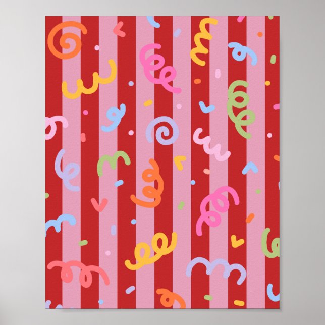 Poster Listrado de rosa e vermelho, com design de confete (Frente)