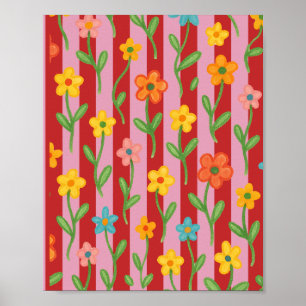 Poster Listras rosa e vermelhas com flores coloridas