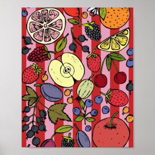 Poster Listras rosa e vermelhas com frutas coloridas