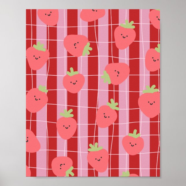 Poster Listras rosa e vermelhas, com morangos (Frente)