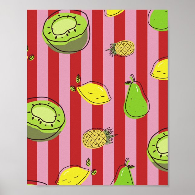 Poster Listras rosa e vermelhas com padrão de frutas (Frente)