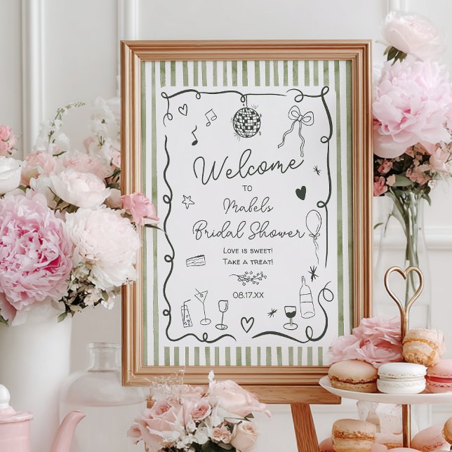 Poster Listras verde sálvia dinheiro antigo chá de panela (Sage green Stripes old money bridal shower Poste)