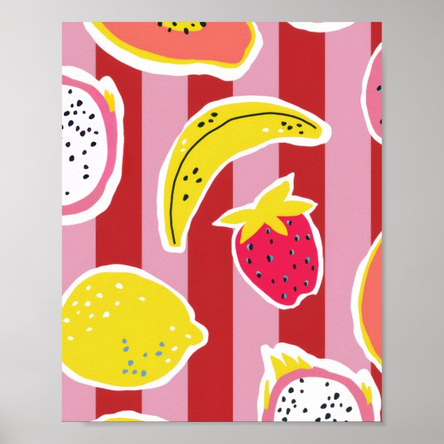 Poster listras vermelhas e rosas com frutas tropicais (Frente)