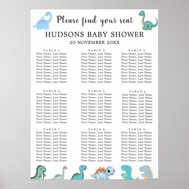 Poster Little Dinosaur Cute Baby Shower Seating Charts (Frente)