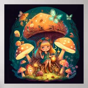 Poster Little girl elve among mushrooms