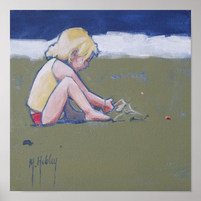 Póster Little Girl on Beach tocando areia (Frente)