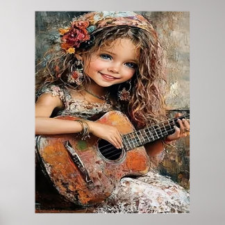 Poster Little Girl Playing Guitar