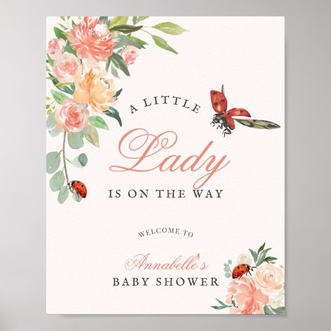 Poster Little Lady Ladybug Roses Girl Baby Shower (Frente)