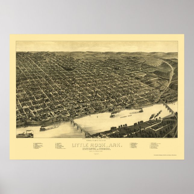 Póster Little Rock, Mapa Panorâmico do Arkansas - 1887 (Frente)