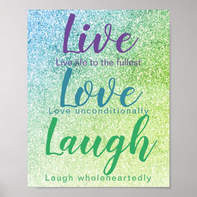 Poster Live Love Laugh Blue Green Glitter Script (Frente)