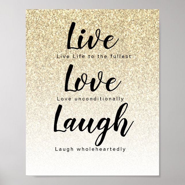 Poster Live Love Laugh Girly Dourado Glitter Typografia (Frente)