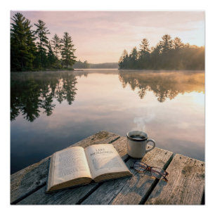 Póster Livro Aberto Com Café Em Um Cais De Lago