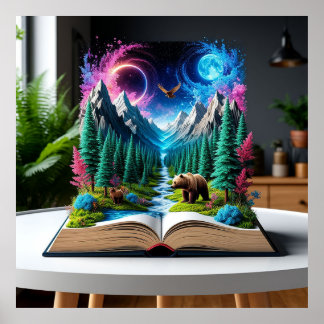 Poster Livro Aberto Representando uma Cena de Fantasia Má