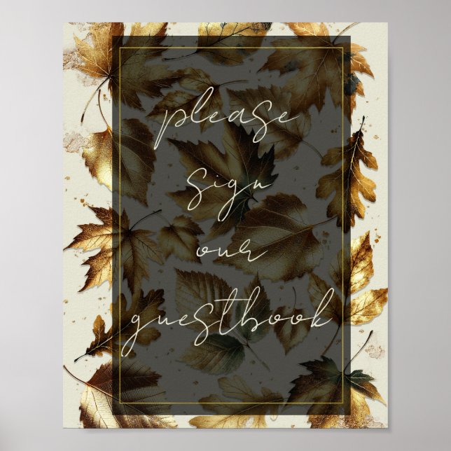 Poster Livro de Assinaturas Folhas de Ouro Bege e Preto (Frente)