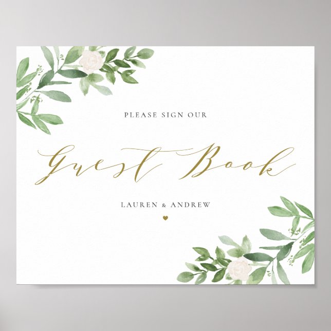 Poster Livro de Convidados da Watercolor Greenery and Whi (Frente)