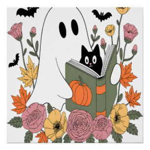 Póster Livro de Leitura do Fantasma do Halloween Gato