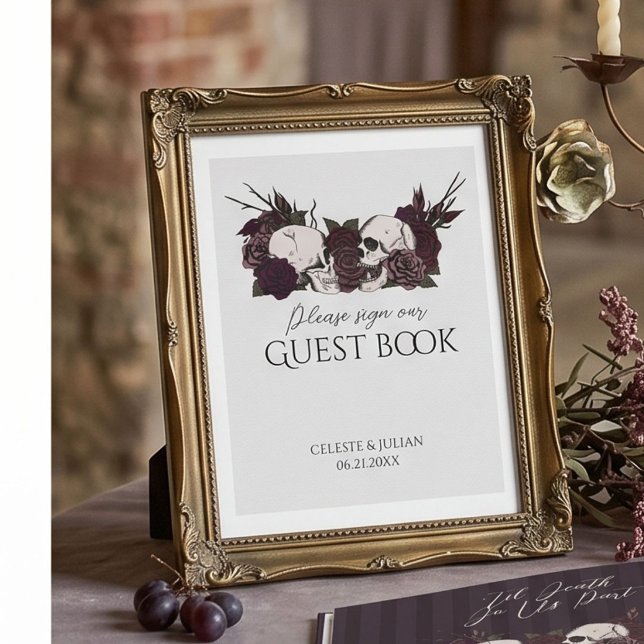 Poster Livro de Registro de Visitantes Soft Gothic Caveir (Moody mauve maroon gothic skulls and roses hand-drawn illustration in black ink for gothic wedding)