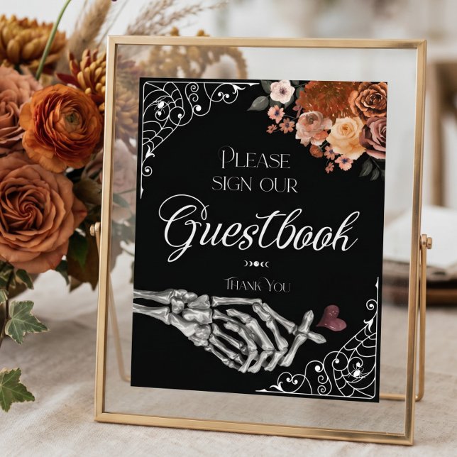 Poster Livro de Visitas com Esqueleto de Aquarela 'Até qu (Til Death Watercolor Skeleton Hand Guestbook)