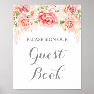 Póster Livro de Visitas com Flores em Aquarela Rosa