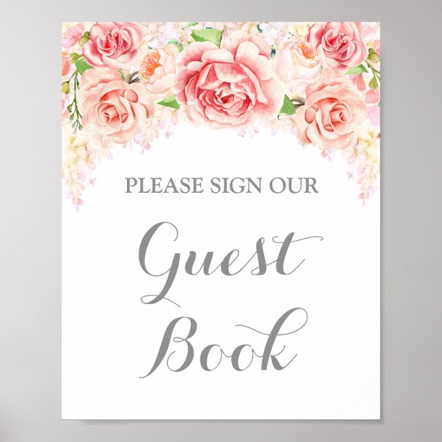 Póster Livro de Visitas com Flores em Aquarela Rosa (Frente)