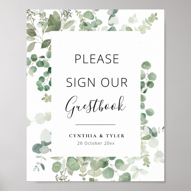 Poster livro de visitas de casamento com eucalipto em ver (Frente)