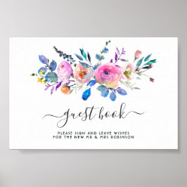 Poster Livro de Visitas de Casamento com Flores em Aquare