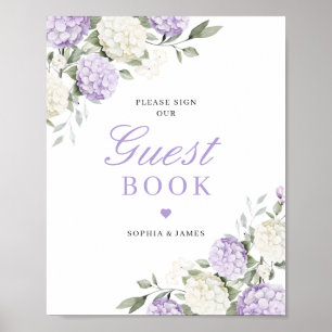 Poster Livro de Visitas de Casamento com Hortênsias Roxas