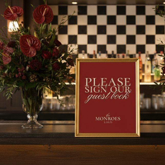 Poster Livro de Visitas de Casamento Elegante Clássico Ve (Invite guests to leave their love and well wishes with this Old Money Red Wedding Guestbook Sign!)