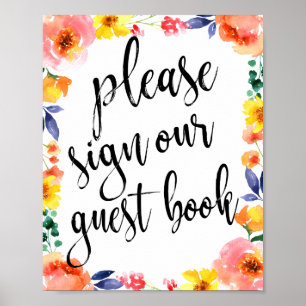 Póster Livro de Visitas de Casamento Floral Aquarela 8x10