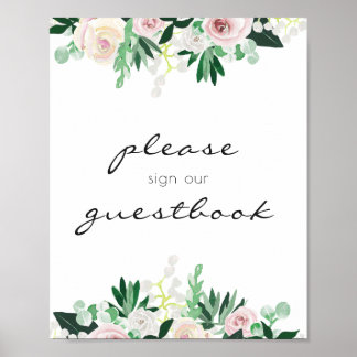 Poster Livro de Visitas de Casamento Floral Aquarela Verd