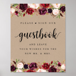 Poster Livro de Visitas de Casamento Floral Burgundy Kraf