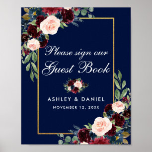 Poster Livro de Visitas de Casamento Floral Dourado Borgo