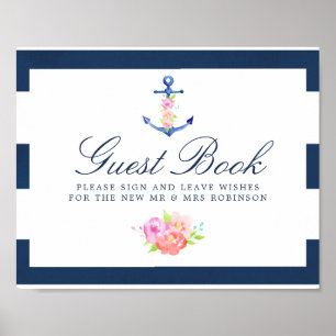 Poster Livro de Visitas de Casamento Floral Náutico em Aq