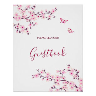 Póster Livro de Visitas de Casamento Rosa Flor de Cerejei