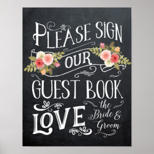Póster livro de visitas de casamento tipografia floral