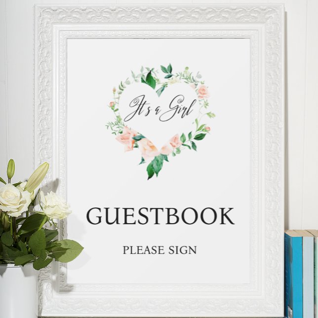 Poster Livro de Visitas de Chá de Bebê Floral Rosa  (Criador carregado)