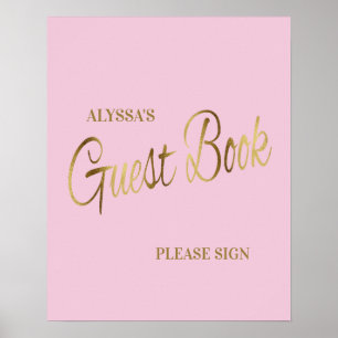 Poster Livro de Visitas de Chá de Bebê Rosa Elegante em O